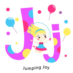 Kids alphabet. English letters with cartoon children characters. J for jumping Joy. Girl playing with jumping rope