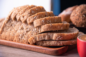 Homemade slide bread on the wooden plaques