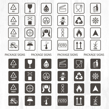 Vector packaging symbols. Shipping icon set including recycling, fragile, the shelf life of the product, flammable, non-toxic material, this side up, other symbols. Use on package.