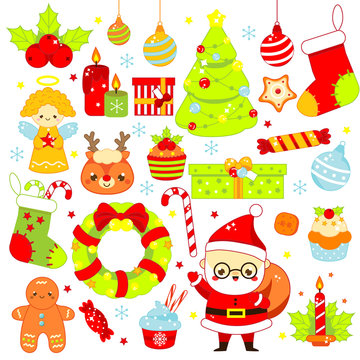 Christmas stickers, icons. Cute Santa, spruce, deer and other New Year holiday symbols in kawaii style. Big collection of isolated vector design elements