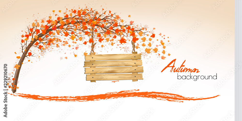 Aufkleber autumn nature background with a tree and a wooden sign. vector.