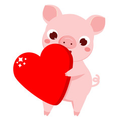 Cartoon pig, symbol of 2019 chinse new year withbig red heart. vector illustration for calendars and cards also St Valentine