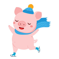 Fototapeta premium Cartoon pig, symbol of 2019 chinse new year skating. vector illustration for calendars and cards