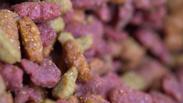 Closeup macro of colorful dry dog or cat food