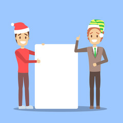 Business character standing behind blank paper sheet.