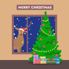 Christmas room with green tree and gift boxes