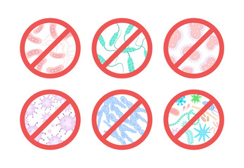 Red forbidden sign with bacteria or microbe behind it
