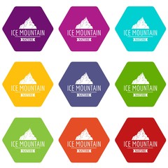 Ice mountain icons 9 set coloful isolated on white for web