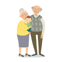 Grandparents with grandchild. Grandmother, grandfother and little grandson. Cartoon vector hand drawn eps 10 childrens illustration isolated on white background in a flat style.