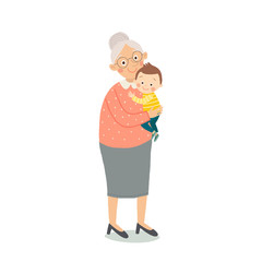 Portrait of cute old woman with a baby . Grandmother wearing glasses. Senior lady with grandchild. Grandma. Cartoon vector hand drawn eps 10 childrens illustration isolated on white background.