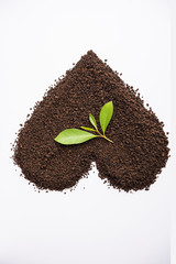 Black Tea Powder or dry dust with or without green leaf and served hot chai in a cup