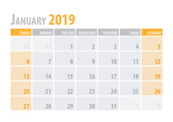 January. Calendar Planner 2019 in clean minimal table simple style. Vector illustration.