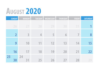 August. Calendar Planner 2020 in clean minimal table simple style. Vector illustration.