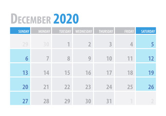 December. Calendar Planner 2020 in clean minimal table simple style. Vector illustration.