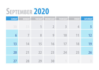 September. Calendar Planner 2020 in clean minimal table simple style. Vector illustration.