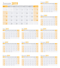 Calendar Planner 2019 in clean minimal table simple style. Vector illustration.