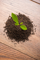 Black Tea Powder or dry dust with or without green leaf and served hot chai in a cup