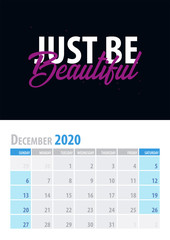 December. Calendar Planner 2020 with motivational quote on black background. Vector illustration.