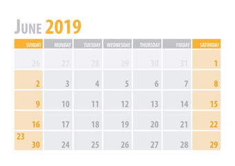 June. Calendar Planner 2019 in clean minimal table simple style. Vector illustration.