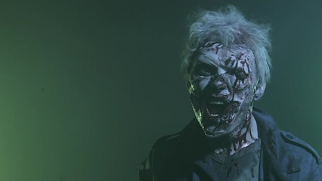 Horror zombie. Halloween party. Close-up portrait of a horrible scary zombie man in smoke.