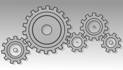 Gears  with shadow on gradient gray background. Different sizes