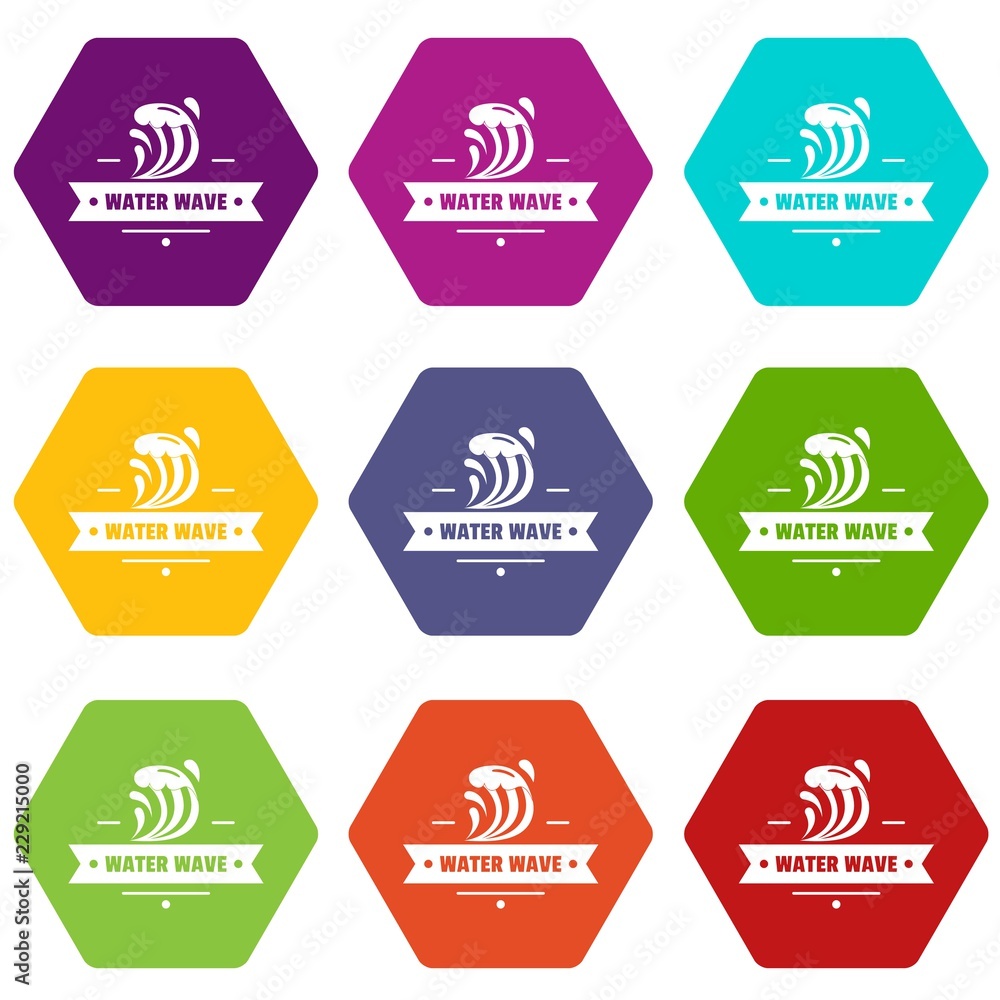 Poster clean wave water icons 9 set coloful isolated on white for web