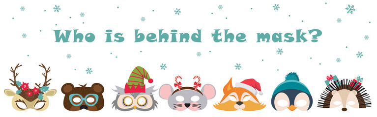 Collection of winter animal masks and Christmas photo booth props for kids. Cute cartoon masks and elements for a party. Christmas party banner template. vector illustration
