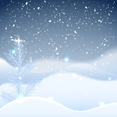 Winter background with frosty spruce (pine) snowbank with snowfall night sky. Greeting card for happy new year and christmas. Vector eps10, Xmas card.