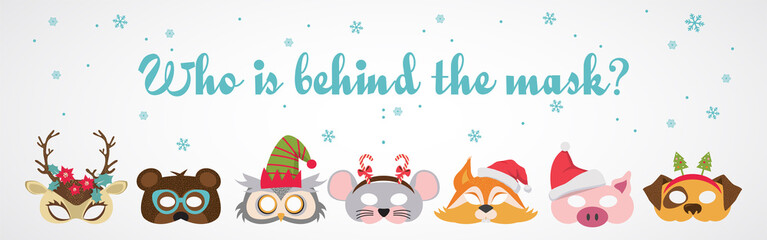 Collection of winter animal masks and Christmas photo booth props for kids. Cute cartoon masks and elements for a party. Christmas party banner template. vector illustration