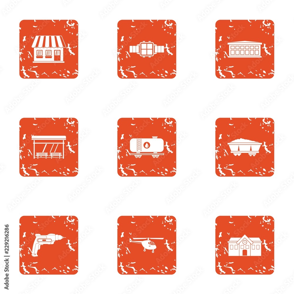 Poster office building icons set. grunge set of 9 office building vector icons for web isolated on white ba