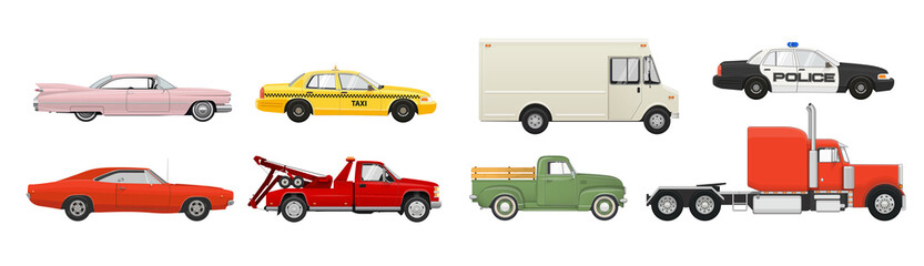 Different cars set. Side view vehicles. Vector illustration.