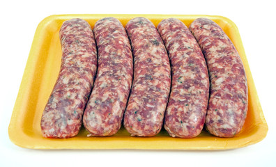 Raw sausages in yellow styrofoam tray.