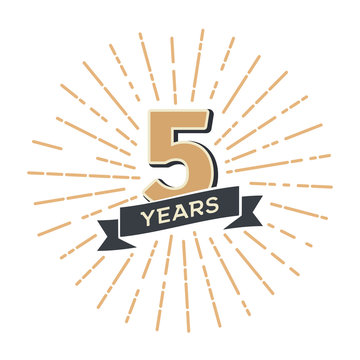 Five years anniversary retro vector emblem isolated template. Vintage logo fifth 5th years with ribbon and fireworks on white background