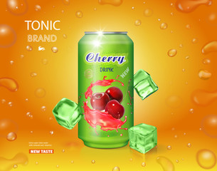 Cherry cold drink. Metal can with juice splash advertising banner 3d vector realistic illustration
