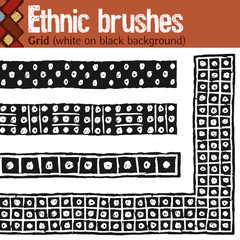 Grid (white on black background). 4 pattern brushes for Illustrator in tribal style, made from hand-drawn drawings. All brushes include outer and inner corner tiles.