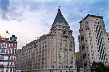 Fototapeta na wymiar Peace Hotel Bund Buildings Evening Shanghai China
