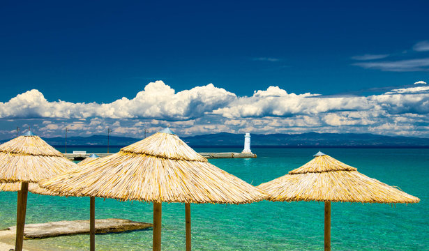 Blue paradise water of Toroneos kolpos gulf, Pefkohori, Greece
