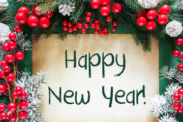 Fototapeta na wymiar Christmas Decoration Like Fir Tree Branch, Text Happy New Year