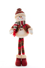 long-legged snowman in a fur hat and scarf, in a jacket and red boots on a white background. Concept of winter, christmas and new year.