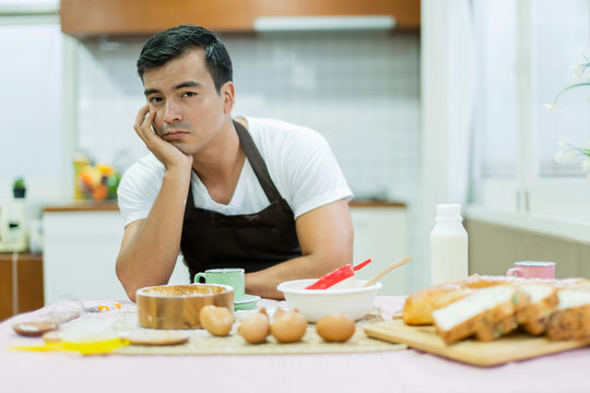 Boring Husband Preparing Breakfast Home Family Ideas Concept