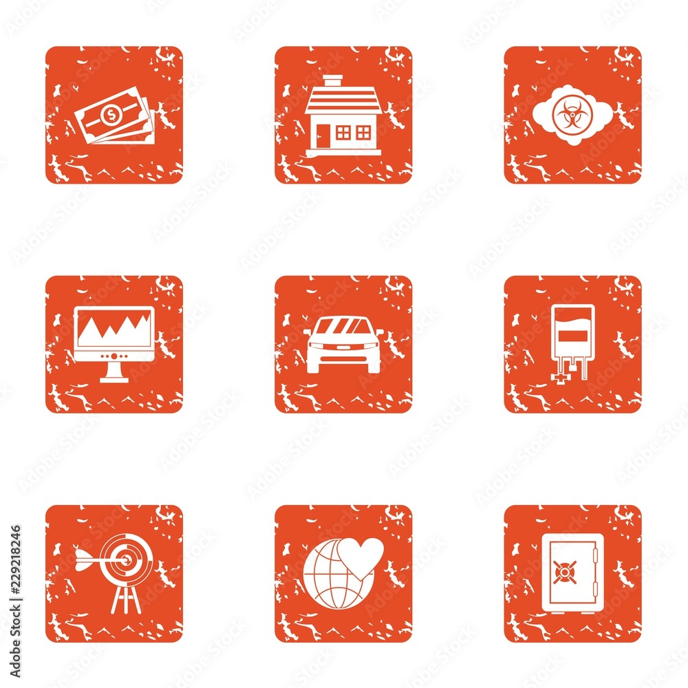 Poster right on target icons set. grunge set of 9 right on target vector icons for web isolated on white ba