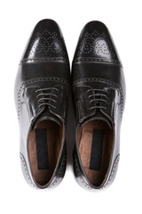 dark brown classic leather men's shoes, top view, on a white background, a pair of shoes, isolate
