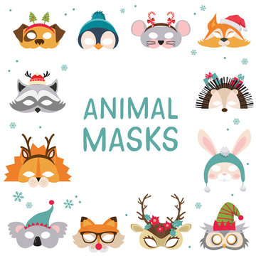 Collection of winter animal masks and Christmas photo booth props for kids. Cute cartoon masks and elements for a party. vector illustration