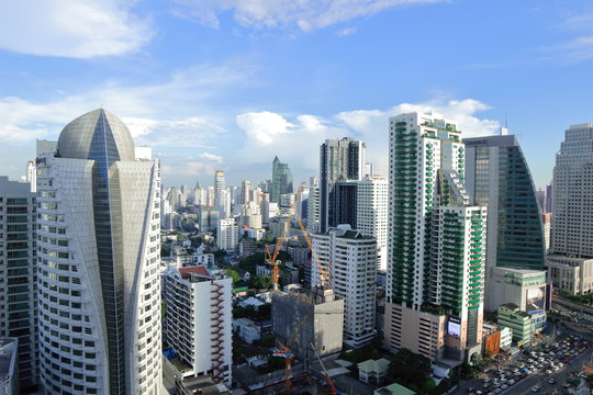 Bangkok, Thailand - 30 October, 2018:The city escape sky view from  MRT Sukumbit, office building, condominiums and hotels in business area around sukhumvit road, in afternoon