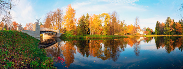 Autumn landscape bridge over the pond.Pavlovsk Park. Panorama.