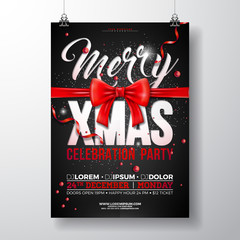 Christmas Party Flyer Illustration with Red Bow Ribbon and Typography Lettering on Black Background. Vector Celebration Poster Design Template for Invitation or Banner.