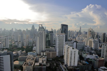 Fototapeta na wymiar Bangkok, Thailand - 30 October, 2018:The city escape sky view from MRT Sukumbit, office building, condominiums and hotels in business area around sukhumvit road, in afternoon