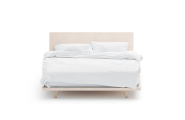 Blank white bed mockup, front view, isolated, 3d rendering. Empty tucked bedstead with pillows and blanket mock up. Clear bedclothes template. Place for sleep with mattress, pilow and duvet.