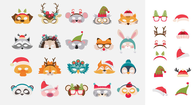 Collection of winter animal masks and Christmas photo booth props for kids. Cute cartoon masks and elements for a party. Christmas party banner template. vector illustration