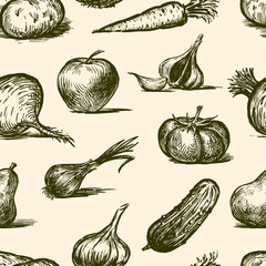 Vector pattern of sketches of fruit and vegetables